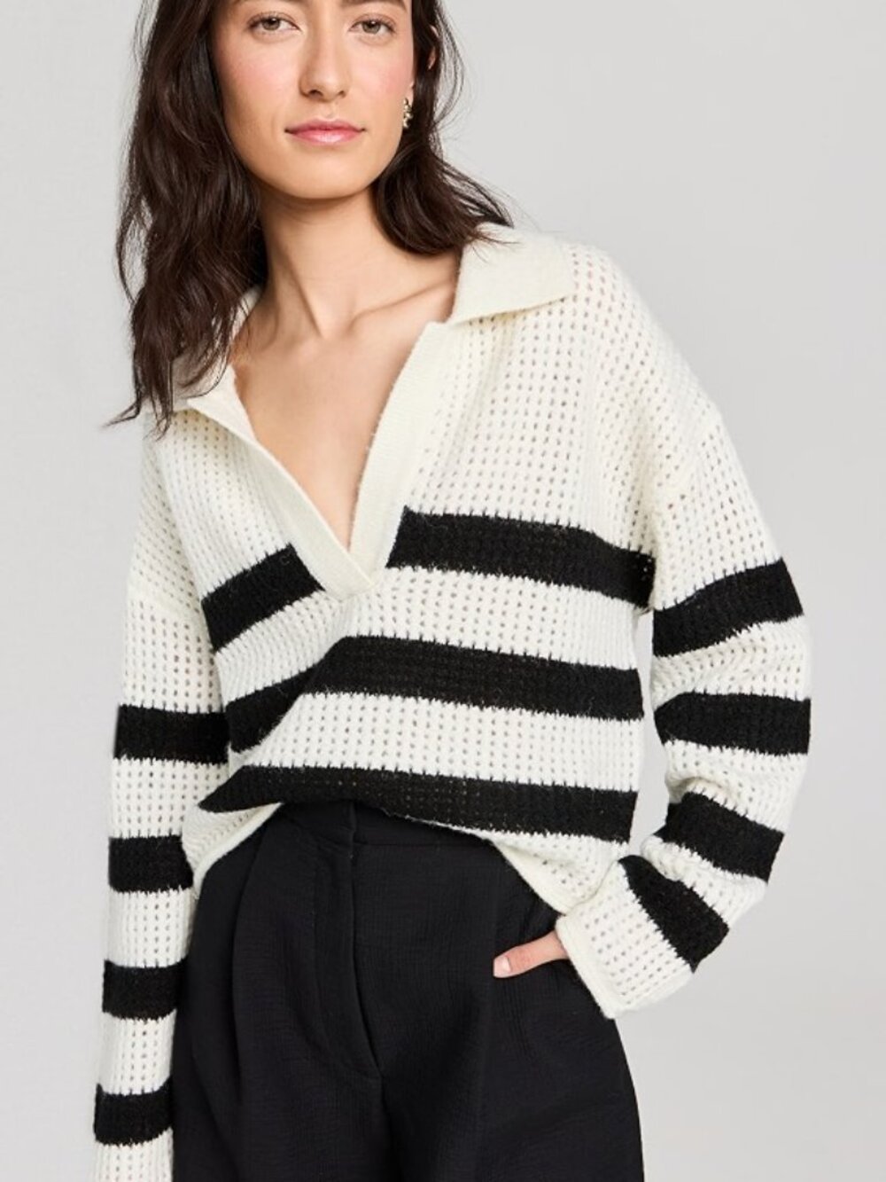 Lna Ari Striped Knit Sweater with Collar, Size S